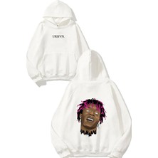 Urbvn Rapper Face Tasarım Baskılı Oversize Beyaz Kapüşonlu Sweatshirt