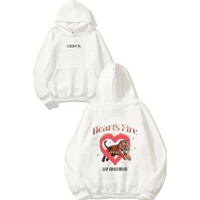 Urbvn Hearts Fire Tasarım Baskılı Oversize Beyaz Kapüşonlu Sweatshirt