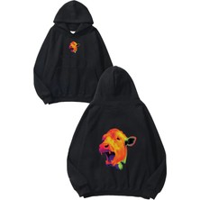 Urbvn Color Cow Tasarım Baskılı Oversize Siyah Kapüşonlu Sweatshirt