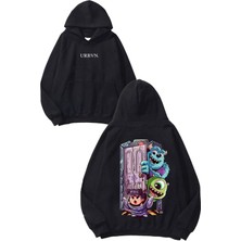 Urbvn Monsters Tasarım Baskılı Oversize Siyah Kapüşonlu Sweatshirt