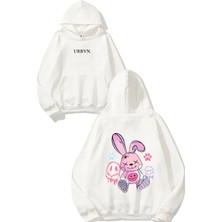 Urbvn Rabbit Pink Tasarım Baskılı Oversize Beyaz Kapüşonlu Sweatshirt