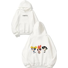 Urbvn Girls Powerpuff Tasarım Baskılı Oversize Beyaz Kapüşonlu Sweatshirt