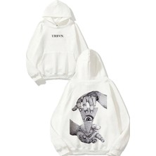 Urbvn El Göz Tasarım Baskılı Oversize Beyaz Kapüşonlu Sweatshirt