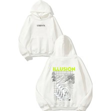 Urbvn Illusion Man Tasarım Baskılı Oversize Beyaz Kapüşonlu Sweatshirt