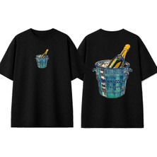 Urbvn Champaine Tasarım Baskılı Siyah Oversize T-Shirt