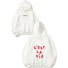 Urbvn La Vie 1 Tasarım Baskılı Oversize Beyaz Kapüşonlu Sweatshirt
