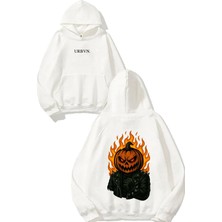 Urbvn Pumpkin Flame Tasarım Baskılı Oversize Beyaz Kapüşonlu Sweatshirt