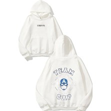 Urbvn Team Cap Tasarım Baskılı Oversize Beyaz Kapüşonlu Sweatshirt