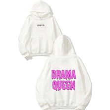 Urbvn Drama Queen Pink Tasarım Baskılı Oversize Beyaz Kapüşonlu Sweatshirt
