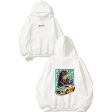 Urbvn Monster Car Tasarım Baskılı Oversize Beyaz Kapüşonlu Sweatshirt
