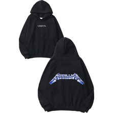 Urbvn Metallica Blue Tasarım Baskılı Oversize Siyah Kapüşonlu Sweatshirt