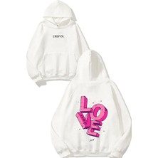 Urbvn Love Is All You Need Tasarım Baskılı Oversize Beyaz Kapüşonlu Sweatshirt