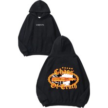 Urbvn Chaos Tasarım Baskılı Oversize Siyah Kapüşonlu Sweatshirt
