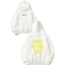 Urbvn Come As You Are Tasarım Baskılı Oversize Beyaz Kapüşonlu Sweatshirt