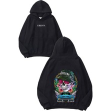Urbvn Hat Skull Car Tasarım Baskılı Oversize Siyah Kapüşonlu Sweatshirt