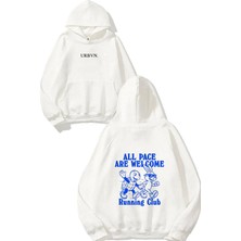 Urbvn Running Club Tasarım Baskılı Oversize Beyaz Kapüşonlu Sweatshirt