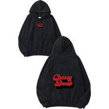 Urbvn Cherry Bomb Tasarım Baskılı Oversize Siyah Kapüşonlu Sweatshirt