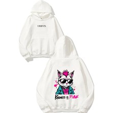 Urbvn Kindness Is Punk Tasarım Baskılı Oversize Beyaz Kapüşonlu Sweatshirt