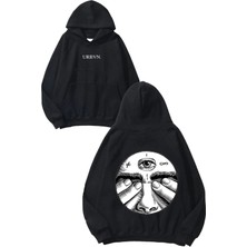 Urbvn Siyah Beyaz Göz Tasarım Baskılı Oversize Siyah Kapüşonlu Sweatshirt