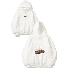 Urbvn Timer Bomb Tasarım Baskılı Oversize Beyaz Kapüşonlu Sweatshirt