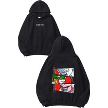Urbvn Anime Triple Tasarım Baskılı Oversize Siyah Kapüşonlu Sweatshirt