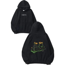 Urbvn Chaos Daisy Tasarım Baskılı Oversize Siyah Kapüşonlu Sweatshirt