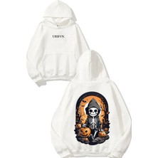 Urbvn Halloween Pumpkin Tasarım Baskılı Oversize Beyaz Kapüşonlu Sweatshirt