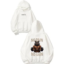 Urbvn No Pain Lift Tasarım Baskılı Oversize Beyaz Kapüşonlu Sweatshirt