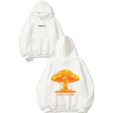 Urbvn Explosion Tasarım Baskılı Oversize Beyaz Kapüşonlu Sweatshirt