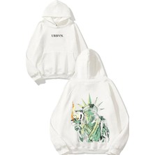 Urbvn Liberty Heykel Tasarım Baskılı Oversize Beyaz Kapüşonlu Sweatshirt