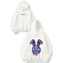 Urbvn Rabbit Head Tasarım Baskılı Oversize Beyaz Kapüşonlu Sweatshirt