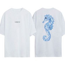 Urbvn Deniz Atı Tasarım Baskılı Beyaz Oversize T-Shirt