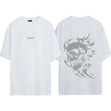 Urbvn Fire Skull Tasarım Baskılı Beyaz Oversize T-Shirt