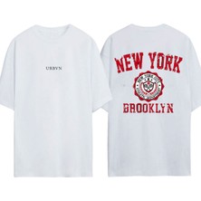 Urbvn Newyork Brooklyn Tasarım Baskılı Beyaz Oversize T-Shirt