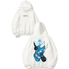 Urbvn Blue Demon Tasarım Baskılı Oversize Beyaz Kapüşonlu Sweatshirt