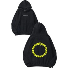 Urbvn Snake Smiley Tasarım Baskılı Oversize Siyah Kapüşonlu Sweatshirt