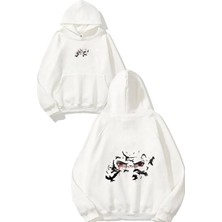 Urbvn Anime Eyes 4 Tasarım Baskılı Oversize Beyaz Kapüşonlu Sweatshirt