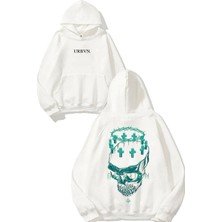 Urbvn Delusion Skull Tasarım Baskılı Oversize Beyaz Kapüşonlu Sweatshirt