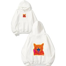 Urbvn Color Cat Tasarım Baskılı Oversize Beyaz Kapüşonlu Sweatshirt