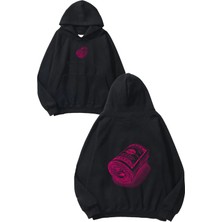 Urbvn Pink Money Tasarım Baskılı Oversize Siyah Kapüşonlu Sweatshirt