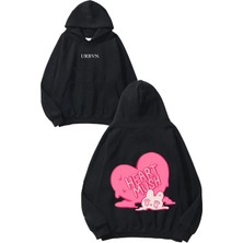 Urbvn Heart Mush Tasarım Baskılı Oversize Siyah Kapüşonlu Sweatshirt