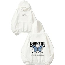 Urbvn Butterfly Life Tasarım Baskılı Oversize Beyaz Kapüşonlu Sweatshirt