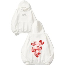 Urbvn Amor Kalp Tasarım Baskılı Oversize Beyaz Kapüşonlu Sweatshirt