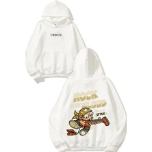 Urbvn Rock Blood Tasarım Baskılı Oversize Beyaz Kapüşonlu Sweatshirt
