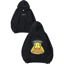 Urbvn Ankh Space Tasarım Baskılı Oversize Siyah Kapüşonlu Sweatshirt