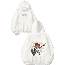 Urbvn Cool Monkey Tasarım Baskılı Oversize Beyaz Kapüşonlu Sweatshirt