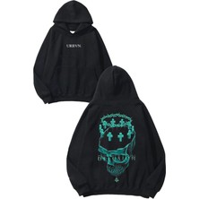 Urbvn Delusion Skull Tasarım Baskılı Oversize Siyah Kapüşonlu Sweatshirt