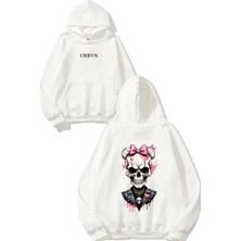 Urbvn Girl Skull Tasarım Baskılı Oversize Beyaz Kapüşonlu Sweatshirt