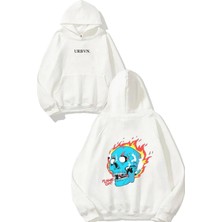 Urbvn Flame On Tasarım Baskılı Oversize Beyaz Kapüşonlu Sweatshirt