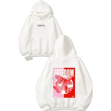 Urbvn Freedom Pink Tasarım Baskılı Oversize Beyaz Kapüşonlu Sweatshirt